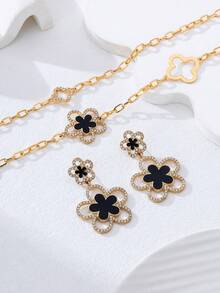 优雅时尚油滴黑色五瓣花项链耳环首饰套装，女士礼物 - 黑色 - 查看 5