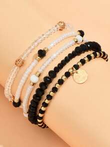 10pcs Bohemian Beaded Disc Pendant Bracelets Set, Suitable For Stacking, Great For Summer Beach, Casual Wear, Gifts For Family, Neighbors, Friends, Birthday, Holiday, Vacation - Black and White - View 8