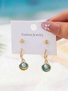 1pc Starfish & Shell Pearl Drop Earrings - Coastal Fashion Summer Jewelry - Multicolor - View 3