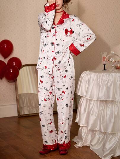 Gongdie 2pcs Disney Marie Cat Print Cotton Long Sleeve Pajama Set For Women, Spring & Autumn