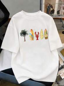 Top estivo MOOSGOP - Stile boho per spiaggia e vacanza / Casual / Versatile / Comodo / Abbigliamento da relax - Stampa di palme, tavole da surf, aragoste e conchiglie / Design con filigrana - T-shirt a maniche corte con scollo tondo e spalle cadenti, vestibilità morbida - Abbigliamento da spiaggia da donna - Bianco - Visualizzare 6