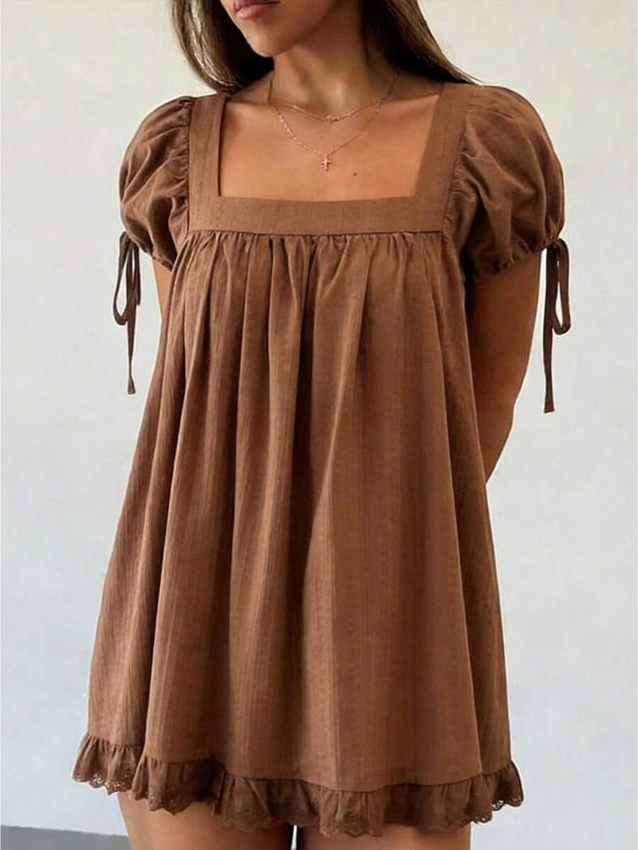 Womens Square Neck Mini Dress Summer Short Sleeve Babydoll Style Lace Trim Casual Loose Dress - 咖啡 - 查看 1
