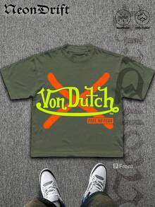 NeonDrift Street Double-Sided Printing Cotton T-Shirt 100% Cotton Fabric Unisex Style-Men T Shirt Skull Graphic Print Neon Yellow Orange Cross Design Streetwear Fashion Casual Wear For Urban Style Fans Hip Hop Look Breathable 100 Cotton Comfortable Fit - 軍綠色 - 查看 2
