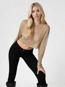 Women's Knit Sheer Tops Fashionable Round Neck Solid Color Long Sleeve Crop Blouse - Champán - Ver 7