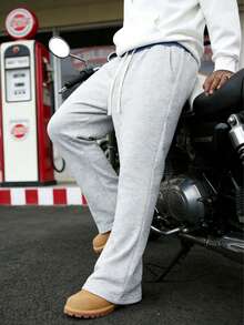 1 pieza Pantalón de chándal de pierna recta y corte holgado para hombre, diseño de parche en la cintura, bolsillos laterales, pantalón cómodo de estilo deportivo para primavera/otoño, tela de punto, material duradero - Gris - Ver 6