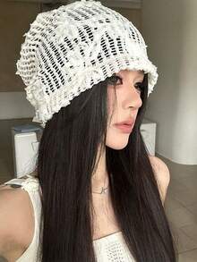 1顶春夏新款3D立体花卉刺绣镂空透气轻便宽檐女帽 - 白色 - 查看 1