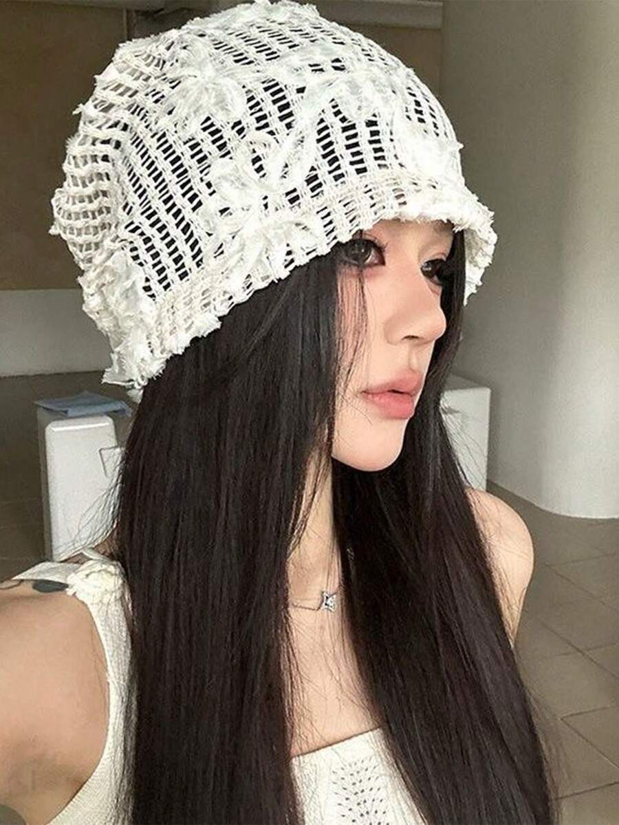 1顶春夏新款3D立体花卉刺绣镂空透气轻便宽檐女帽 - 白色 - 查看 1