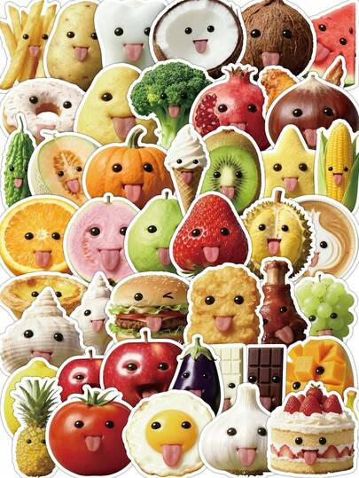 50pcs Funny Food Stickers With Humorous Expressions And Interesting Poses, Customizable, Waterproof Vinyl Material, Suitable For Refrigerator, Lunch Box, Bringing Joy And Laughter Scrapbook Supplies Scrapbooking