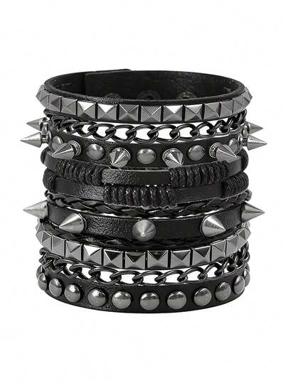 Xiacheng 1/2/4 件装皮革铆钉手链，男女通用 - 朋克摇滚链条腕带套装，哥特风配饰，适合男士和机车爱好者