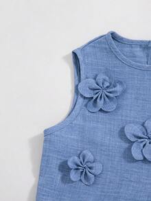 Girls' Casual Solid Color 3D Floral Backless Sleeveless Top And Straight Leg Pants 2 Pieces Set, Spring/Summer - Blue - View 6