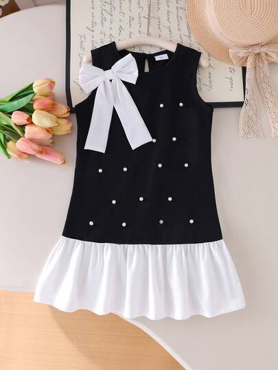 Girls Sleeveless Beaded Bow Decor A-Line Floral Hem Dress, Summer