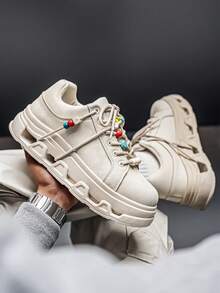 男士串珠厚底休闲运动鞋，独特系带厚底学生鞋 - 米色 - 查看 3