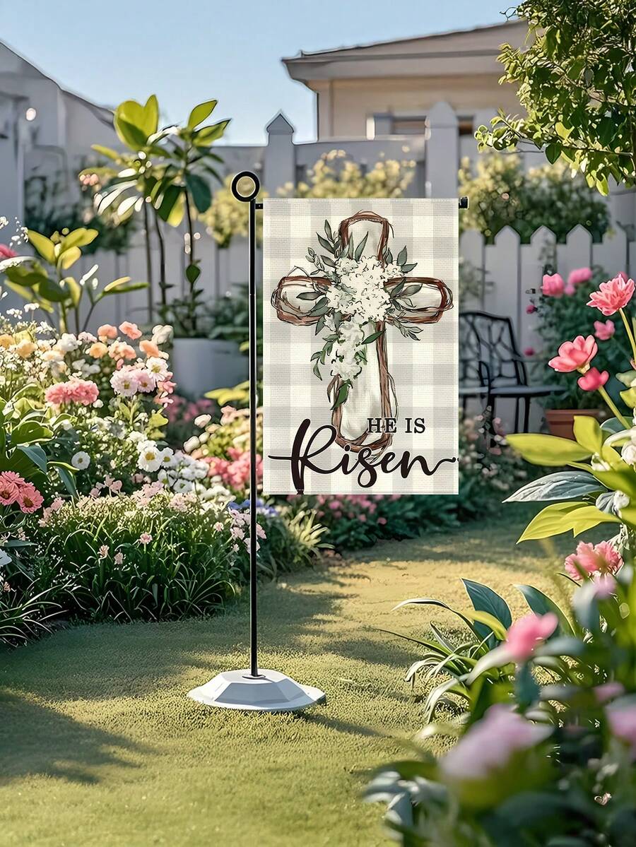 1Pc Country-Style Buffalo Plaid Easter Garden Flag, 12.5x18 Inches, Double-Sided Polyester Lily Cross Logo, "He Is Resurrected" Outdoor Decoration. - A - 查看 1