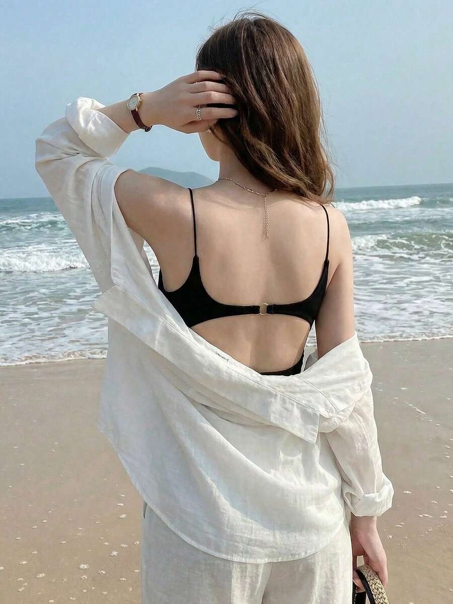 露背性感吊带背心,带衬垫胸罩,无袖设计,夏季休闲黑色款 - 黑色 - 查看 1