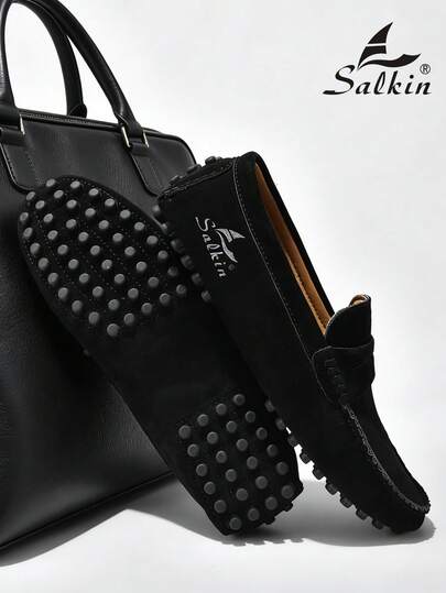 Salkin New Stylish Designer Men's Slip-On Pence Loafers, Solid Color, Soft Faux Suede, Casual Men's Shoes, Affordable, High-End Feel, Breathable, Studded Design, Rubber Sole, Fashionable And Versatile Driving Shoes, Student Graduation Ceremony, College Style, Business Formal Shoes, Men's Office, Party, Banquet, Wedding, Fashionable Groom Shoes, Spring, Summer, Autumn Style, Plus Size Men's Shoes, Black Available. Please Select One Size Up.