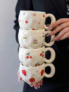 1pc Ins Style Hand-Painted Cherry & Strawberry Ceramic Cup, Asymmetrical Embossed Body, Breakfast Coffee Mug, Girly Desktop Water Cup, Party Afternoon Tea Cup, Red Tea Cup, Large Capacity Water Mug, Coffee Cup - Multicolor - View 1