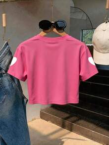 Áo thun croptop cho bé gái tuổi teen, in hình chữ "Smile" và trái tim, điểm nhấn trái tim trên tay áo, kiểu dáng thường ngày, thích hợp cho các sự kiện ở trường, đi chơi với bạn bè, mặc hàng ngày, mặc mùa hè. - Màu Hồng Tươi - Xem 2