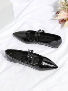 Zapatos planos tipo Mary Jane de punta fina y minimalistas para mujer - Negro - Ver 3