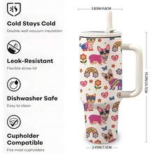 mikenda 1pc 40oz Cute Cartoon Dog & Rainbow Print Stainless Steel Tumbler With Handle & Straw Lid, Vacuum Insulated Travel Mug, Large Capacity Thermal Water Bottle, Keep Hot 12H Cold 24H, Fits Car Cup Holder, Gift For Women & Girls - White - View 3