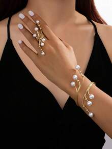 2pcs Minimalist Faux Pearl Geometric Bracelet & Ring Set, Suitable For Parties, Balls, And Daily Wear - Multicolor - View 6