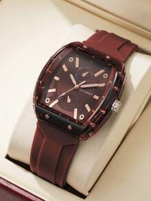 1件装女士硅胶桶形休闲手表，时尚优雅石英腕表，带数字表盘 - 棕色 - 查看 2