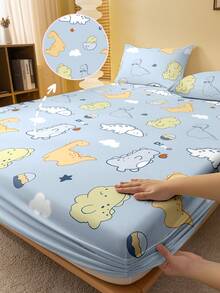 1件卡通可爱动物和恐龙图案印花磨毛床笠，卧室印花床罩，床上用品（不含枕套） - 彩色 - 查看 1