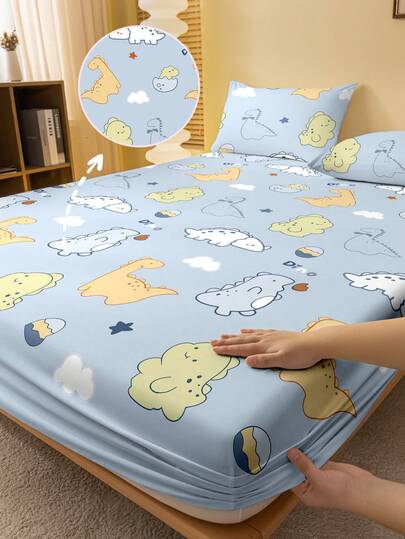 1 adet Çizgi Film Sevimli Hayvan ve Dinozor Desenli Baskılı Fırçalanmış Lastikli Çarşaf, Yatak Odası Baskılı Yatak Örtüsü, Nevresim Takımı (Yastık Kılıfı Dahil Değildir)