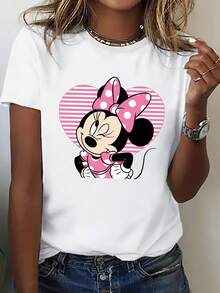Disney (Loose Version) White Minnie Mouse Cartoon Graphic Tee, Women's Cute Round Neck Short Sleeve Cotton T-Shirt, Regular Length Short-Sleeved Round Neck Casual Shirt Necessary In Summer, Suitable For Summer And Spring, Holiday Gift Party Clothing, Ladies' Clothing. - White - View 1