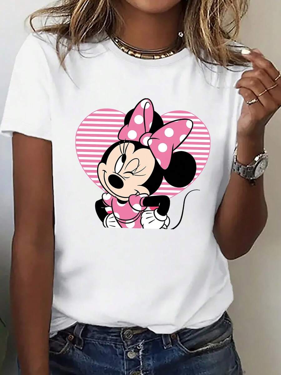 Disney (Loose Version) White Minnie Mouse Cartoon Graphic Tee, Women's Cute Round Neck Short Sleeve Cotton T-Shirt, Regular Length Short-Sleeved Round Neck Casual Shirt Necessary In Summer, Suitable For Summer And Spring, Holiday Gift Party Clothing, Ladies' Clothing. - White - View 1