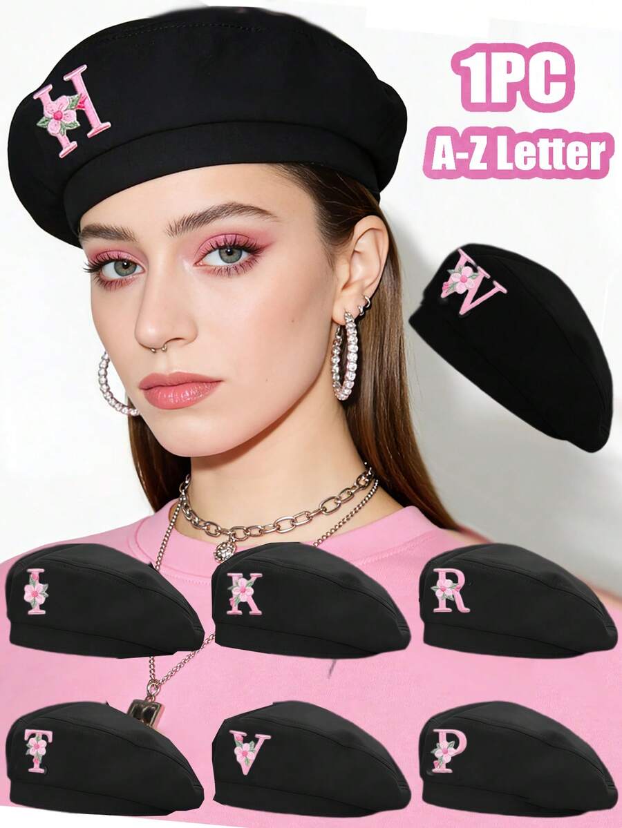 1 chiếc mũ beret nữ màu trơn, trang trí 26 chữ cái bằng ngọc trai, mũ thời trang thường ngày thanh lịch kiểu retro có thể điều chỉnh, quà tặng phong cách đường phố tối giản - màu đen - Xem 1
