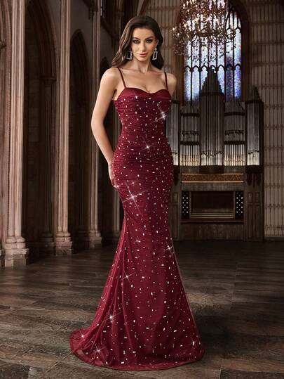 QOQ Women Spaghetti Strap Sweetheart Rhinestone Mermaid Evening Gown Back Zipper Formal Prom Maxi Dresses Wedding Guest Banquet Gala Cocktail Dinner Dress