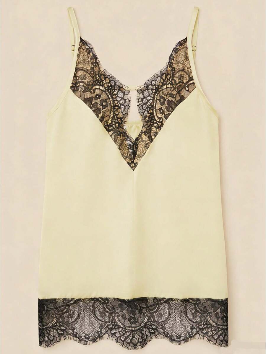Women's Lace Trim Cami Tops Sleeveless Spaghetti Strap Deep V Neck Camisole Summer Shirt - Amarillo claro - Ver 1