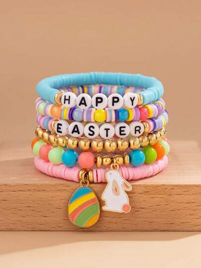 6pcs Easter Elements Rabbit, Egg Pendant Bracelet Set, Colorful Soft Clay Letter Beaded Bracelet, Daily Decor And Holiday Gift Jewelry
