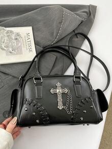 Women's Fashionable Cross-Studded Handbag, Sweet And Cool Punk Bowling Bag, Shoulder/Crossbody Bag. - Black - View 10