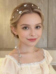 Faux Pearl And Rhinestone Butterfly Tassel Headband, Korean Style, High-End Handmade Alloy Headpiece, Rhinestone Hair Accessory Headband.,Summer,Holiday,Travel Hair Band Diadema Hair Hoop,Festival,Party - Multicolor - View 2