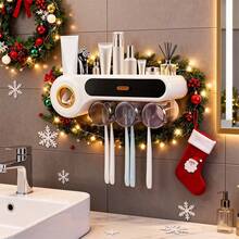 Smart Toothbrush Sterilizer (1 Unit) - USB Charging + Clock - 5-Slot Storage Brush Holder - Includes 2 Cups + Automatic Toothpaste Dispenser - Modern Bathroom Plastic Storage Rack For Dental Hygiene Essentials - Black - View 6
