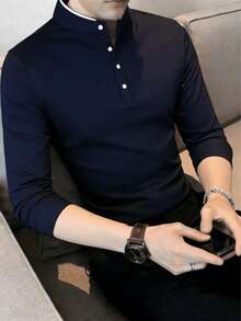 Men's Casual Long-Sleeved Polo Shirts, Mandarin Collar, Slim Fit, Fashionable Cotton T-Shirts - 藏蓝色 - 查看 4