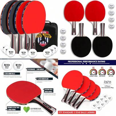Mejor - Palas de ping pong - Juego de 4 raquetas de alto rendimiento de 5 capas 8 pelotas de tenis de mesa profesionales de 3 estrellas Estuche de almacenamiento portátil para juegos interiores y exteriores