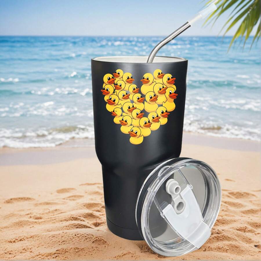 30oz Stainless Steel Tumbler Black White Options, Duck Heart Pattern Print Design Graphic Cups, Insulated Travel Coffee Mug With Lid And Straw , Double Wall Vacuum Reusable Travel Cups, Funny Birthday Party Gift For Women & Men - 黑色 - 查看 1