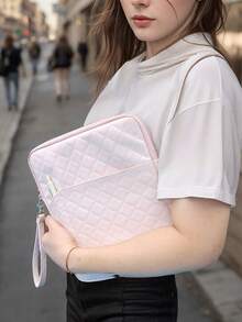 Stylish Quilted Tablet Case With Phone Pocket & Handle, Soft Pink Diamond Pattern Carrying Sleeve For - Baby Pink - View 4