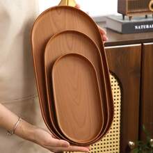 1pc Wood Grain Oval Plastic Tray, Household Dining Plate For Water Cup, Jewelry, Afternoon Tea, Cafe, Dessert - Multicolor - View 4