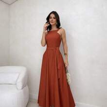 Women's Tailored Midi Dress With Bow, Elegant And Simple, For Parties And Weddings. - Terracotta - View 2