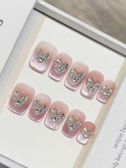 10pcs Handmade Press-On Nails, Ombre Cat Eye With Sparkling Heart Crystals, Short Square Aurora Glitter Nail Stickers, Gentle Cute Sweet Atmosphere, Versatile & Brightening, Removable & Reusable, Suitable For Women, Gifts, Vacation, Holidays Or Daily Wear