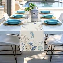 Nautical Coastal Table Runner, Ocean Beach Seahorse Starfish Shell Decor For Kitchen, Dining Table, Indoor Outdoor Home Party - Multicolor - View 7