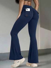 女士Y2K高腰喇叭瑜伽裤，带口袋，弹力提臀运动裤，适合臀部锻炼、运动健身等春季穿着 - 深藍色 - 查看 4