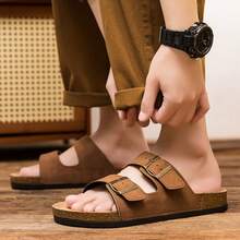 Men's Casual Slippers, Men's Soft Cork Insole Double Buckle Leopard Print Open Toe Flat Slide Sandals, Spring/Summer - Brown - View 3