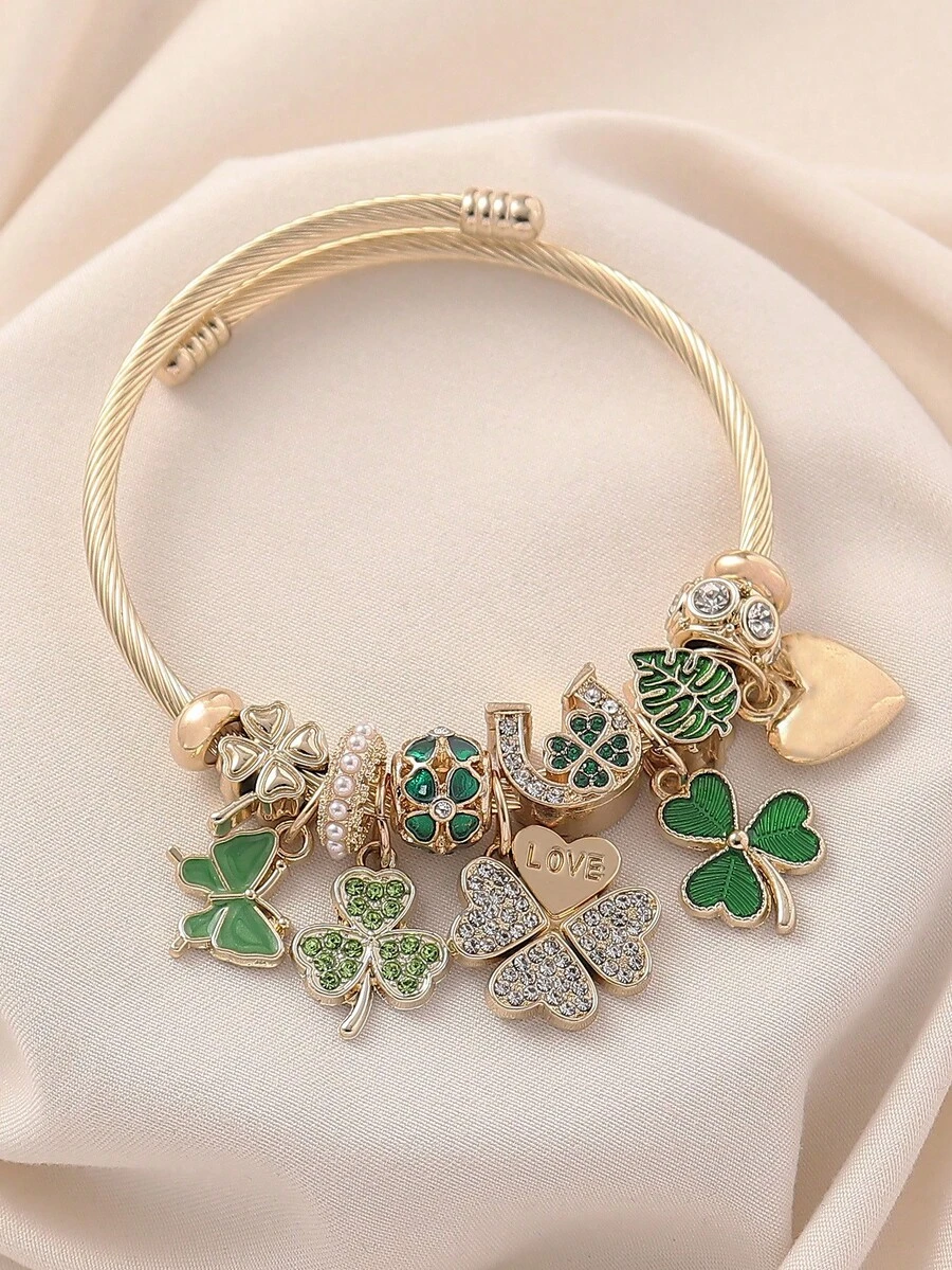1件圣帕特里克节优雅水晶爱心四叶草蝴蝶吊坠手链，绿色串珠手链，适合女性日常、节日、派对庆典佩戴 - 綠色 - 查看 1