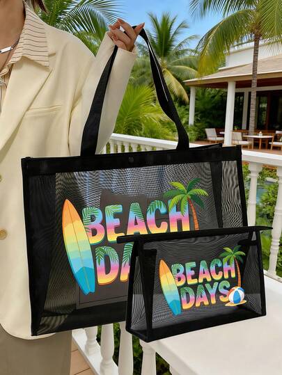 两件套大容量网眼袋套装，印有彩色字体的“Beach Days”字样，搭配可爱的海滩图案，网眼沙滩包手提袋，网眼化妆包，可折叠大容量防水防沙泳装沙滩包，字母装饰网眼沙滩手提包，女士单肩手提包，个性化礼品袋，适合通勤、购物、度假和日常休闲使用，是送给朋友的完美礼物。