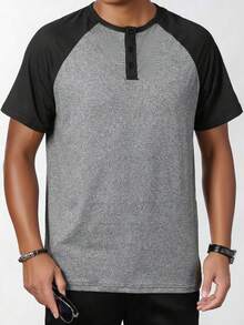 GRDR Men's Summer Contrast Color Raglan Henley Neck Short Sleeve T-Shirt, American Vintage Slim Fit Versatile Button-Up Top - Black - View 6