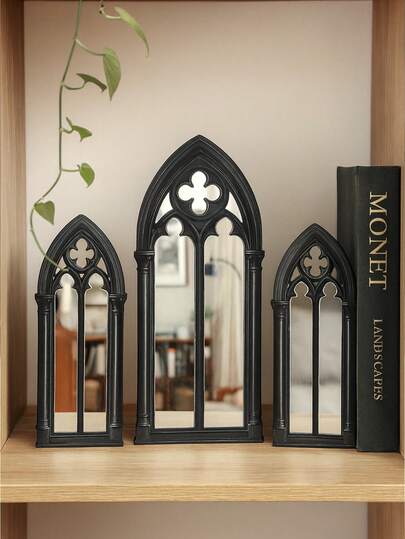 3件套哥特式拱形窗装饰书挡，黑色复古教堂窗风格书挡，优雅哥特美学桌面书籍收纳架，拱形窗造型装饰书架，经典建筑窗框设计，装饰性书架，适用于书架、书桌、客厅等场所。